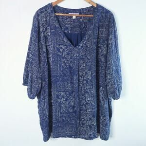 Woman Within Navy Blue Paisley V Neck 3/4 Sleeve Blouse Size 4X Business Casual